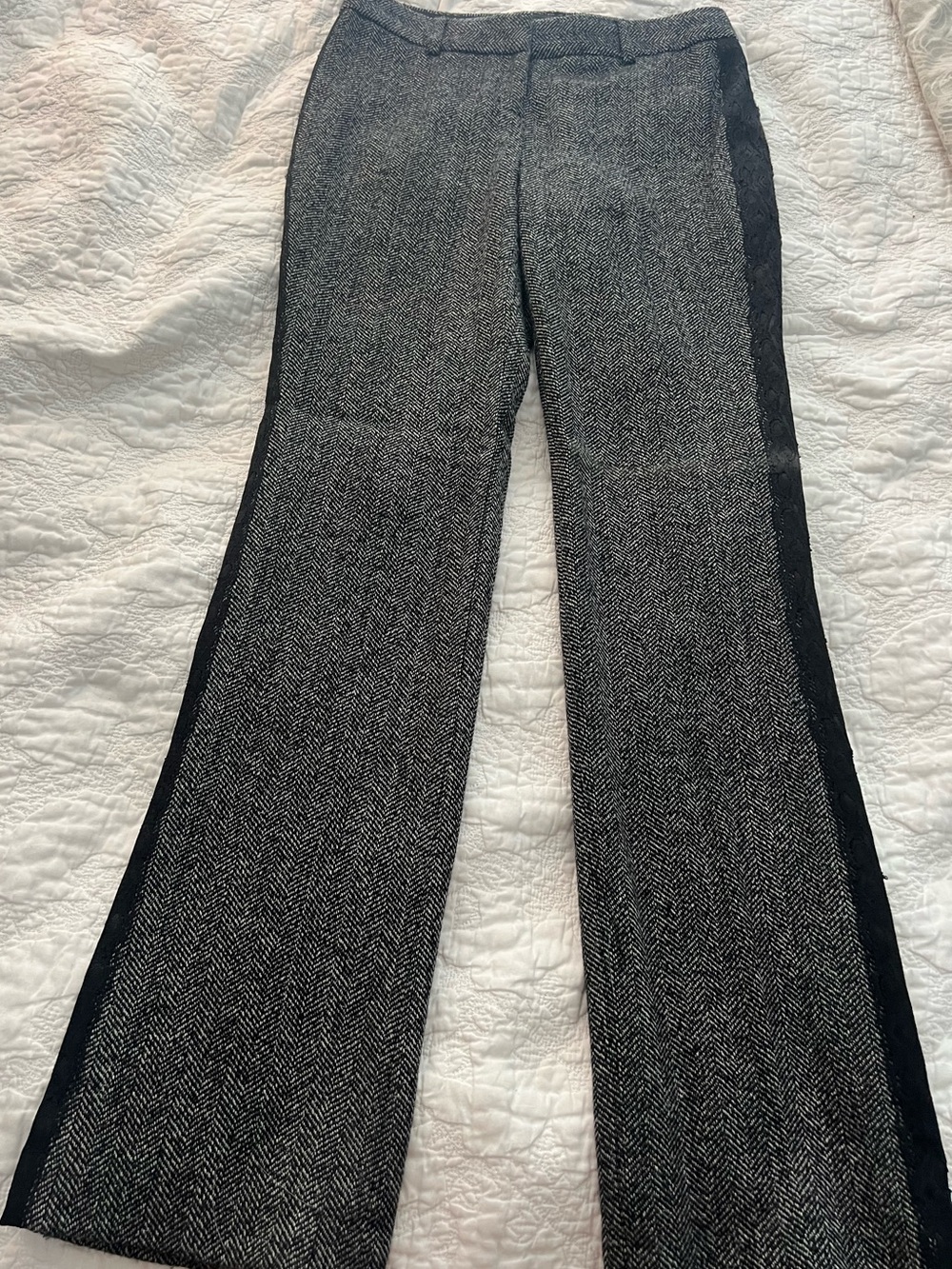 Express Gray Herringbone Boot-Cut Pants with Black Lace Side Panel